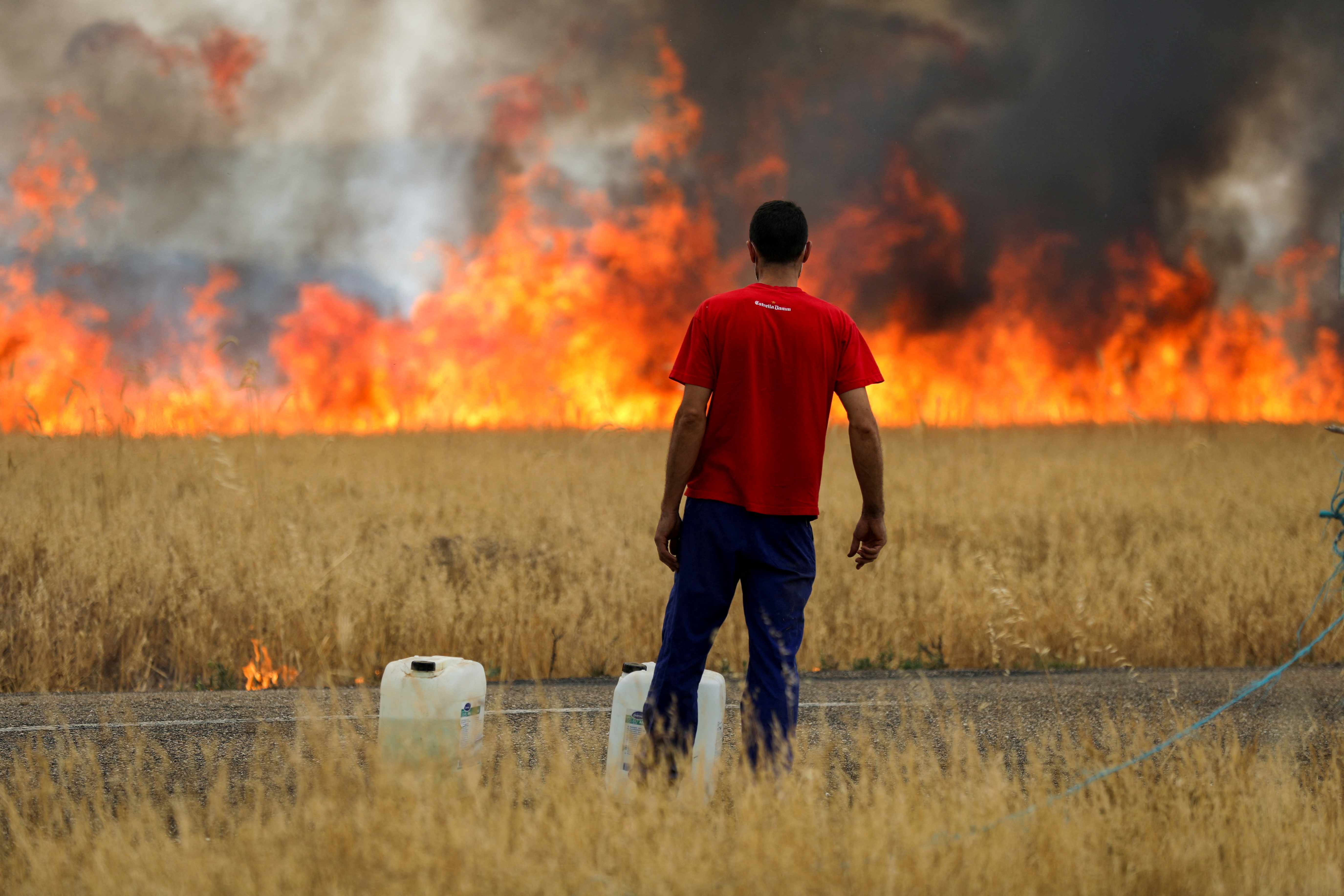 Un pastor observa un incendio que quema un campo de trigo entre Tábara y Losacio, durante la segunda ola de calor del año, en la provincia de Zamora, España, 18 de julio de 2022. REUTERS/Isabel Infantes