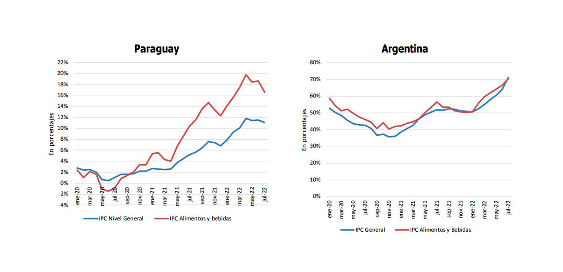 En Paraguay el precio de los alimentos supera la inflación general, pero en empezó a descender en los últimos meses. Argentina es el único caso en que ambos índices son prácticamente iguales