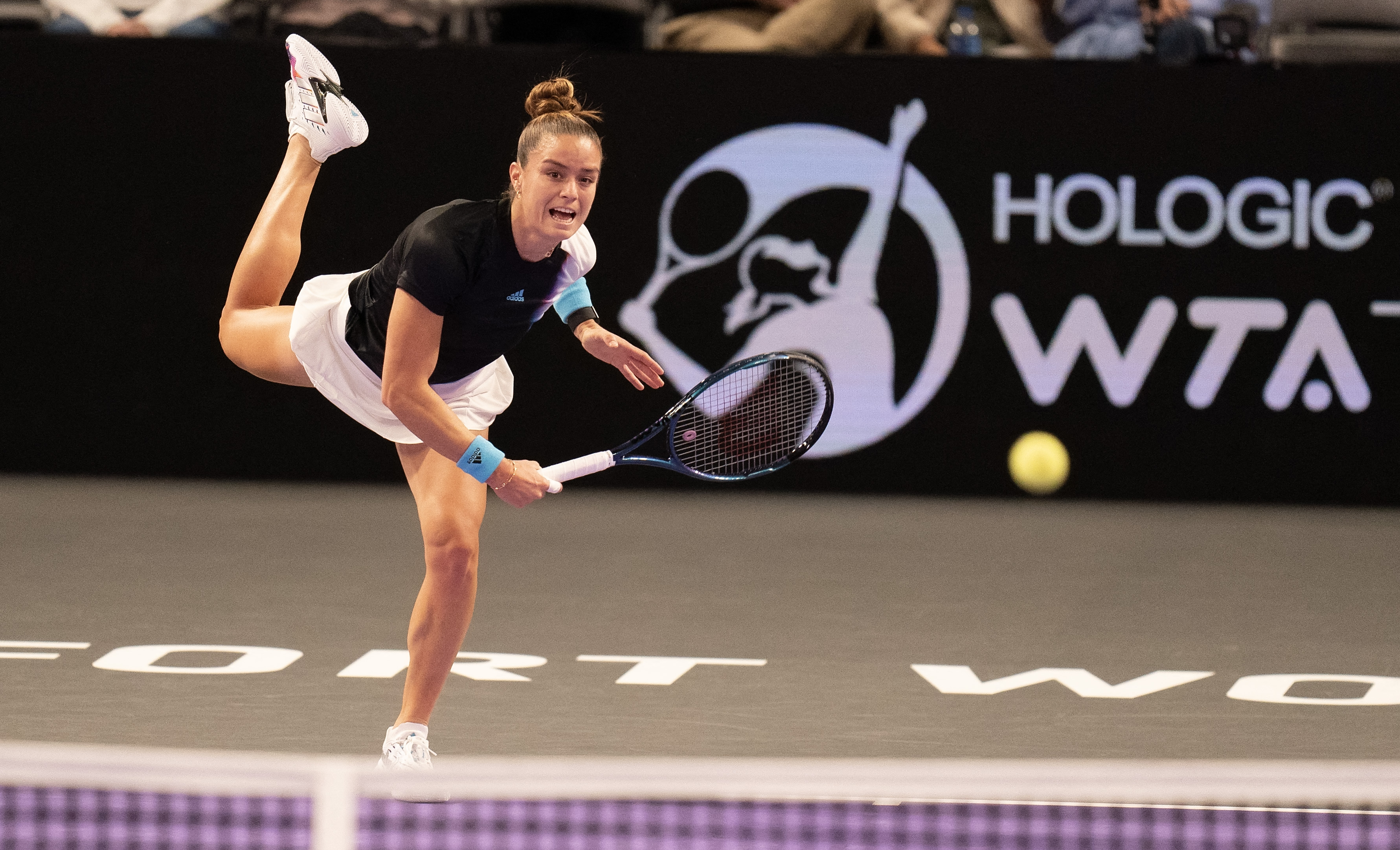 Oct 31, 2022; Forth Worth, TX, USA; Maria Sakkari (GRE) serves the ball during her match against Jessica Pegula (USA) on day one of the WTA Finals at Dickies Arena. Mandatory Credit: Susan Mullane-USA TODAY Sports