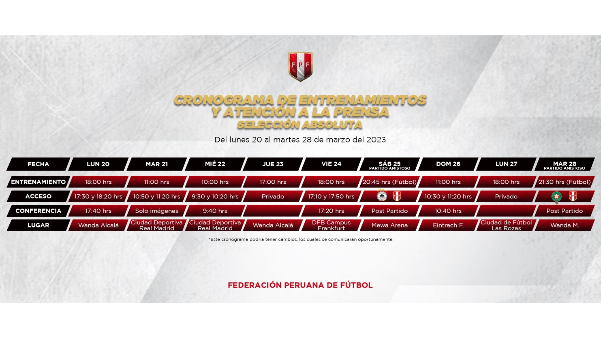Cronograma de la selección peruana en España.