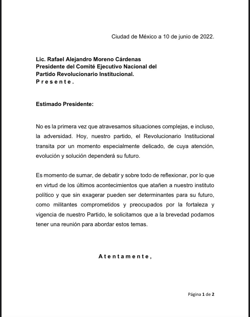Exdirigentes del PRI hicieron llegar una petición a Alejandro Moreno, dirigente nacional del partido, tras los resultados en las urnas del pasado 6 de junio