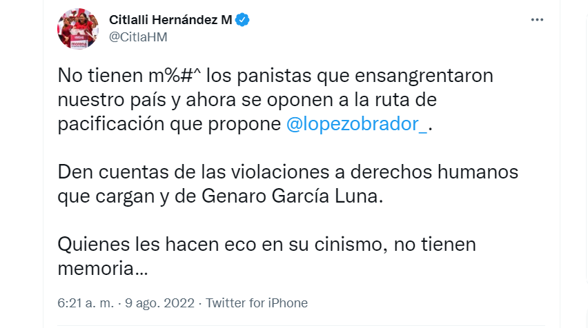 La Secretaria General de Morena arremetió en contra de las y los militantes del Partido Acción Nacional (PAN) (Foto: Twitter / @CitlaHM)
