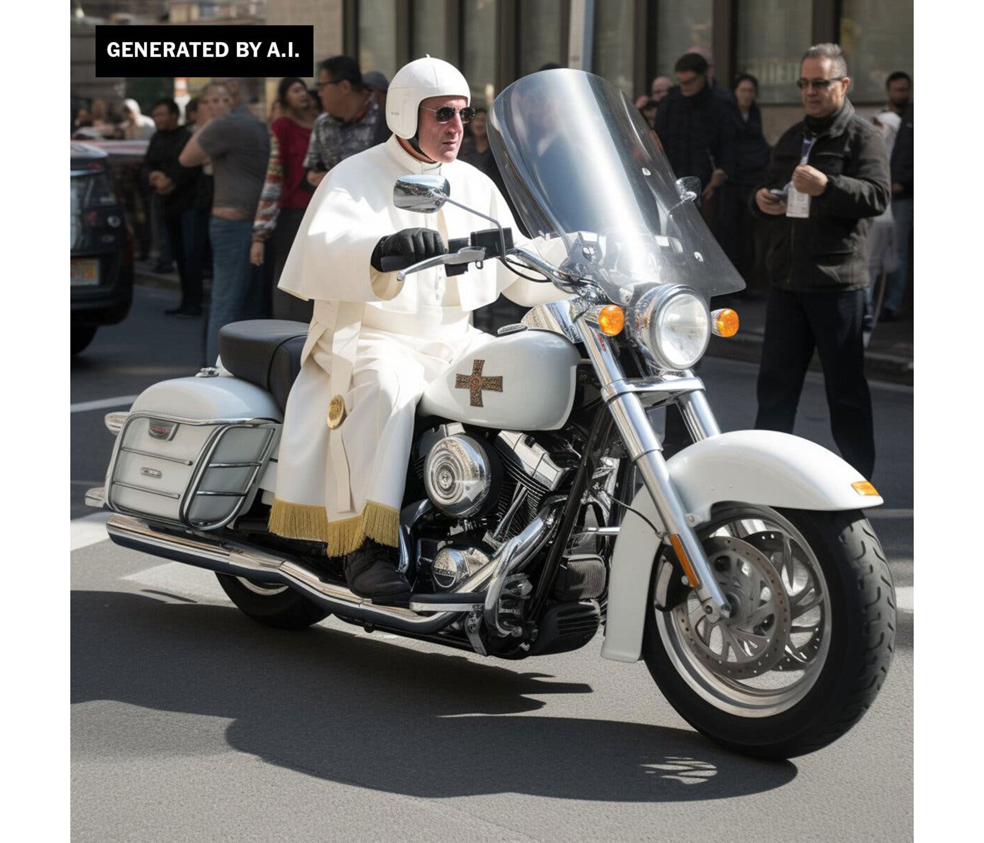 Imagen generada por IA que muestra al papa Francisco con casco en una motocicleta. (Handout vía The New York Times)