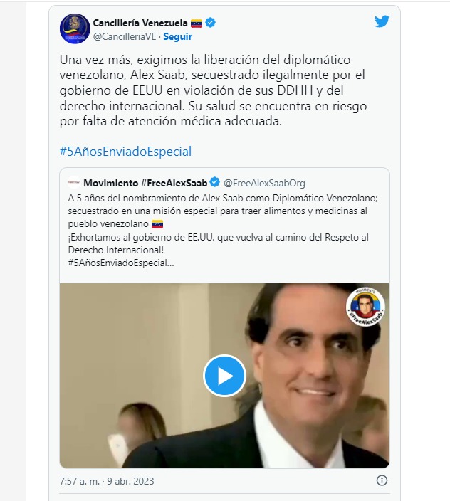 Mensaje de la Cancillería de Venezuela sobre Alex Saab