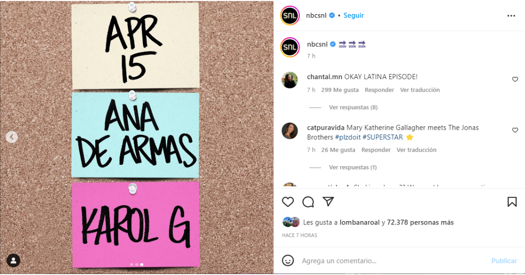 Saturday Night Live confirmó a través de su cuenta de Instagram que Karol G será la invitada en el episodio del 15 de abril. Crédito: nbcsnl / Instagram