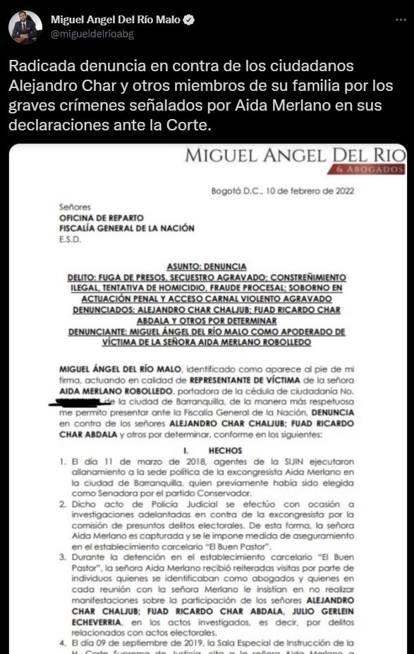 Abogado de Aida Merlano interpone denuncia contra Alejandro Char - Infobae