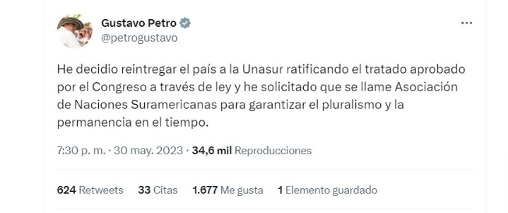 A través de su cuenta de Twitter, el presidente de la República, Gustavo Petro, anunció el retorno del país a Unasur.