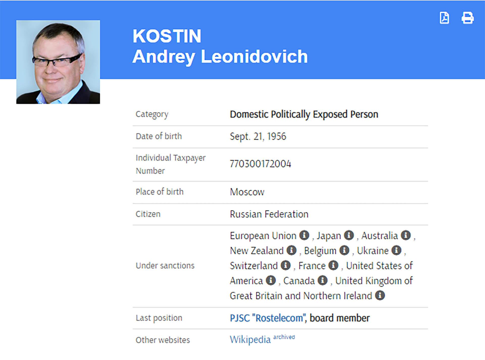 La descripción de las sanciones que pesan sobre el banquero ruso Andrey Kostin. Fuente: rupep.org