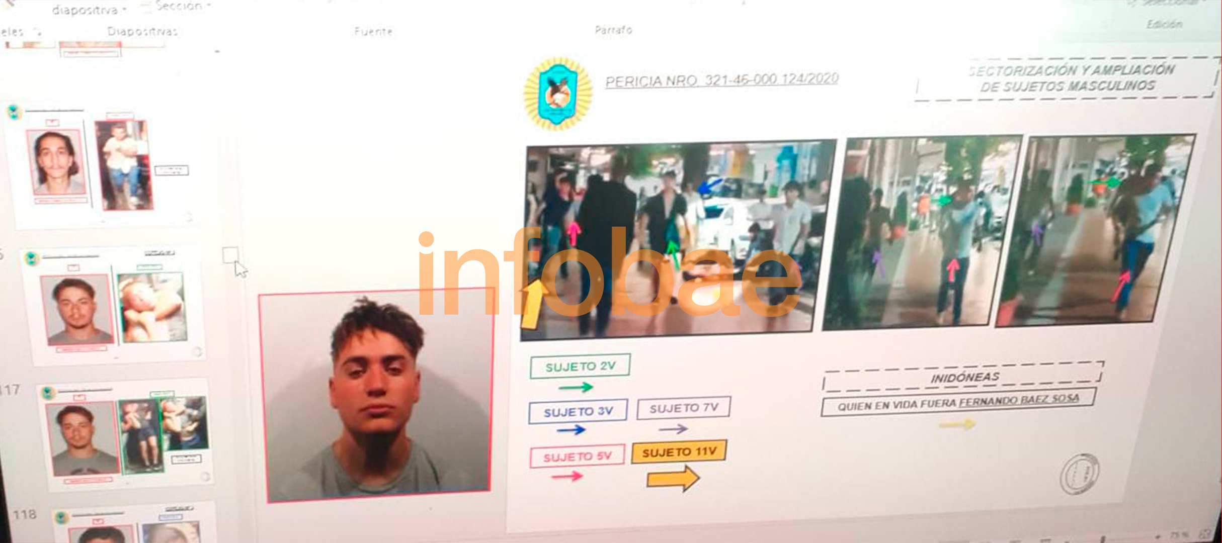 Con una flecha amarilla, Luciano Pertossi es identificado como el "Sujeto 11V" en el lugar de los hechos, según el trabajo de los forenses especializados de la Policía Federal 