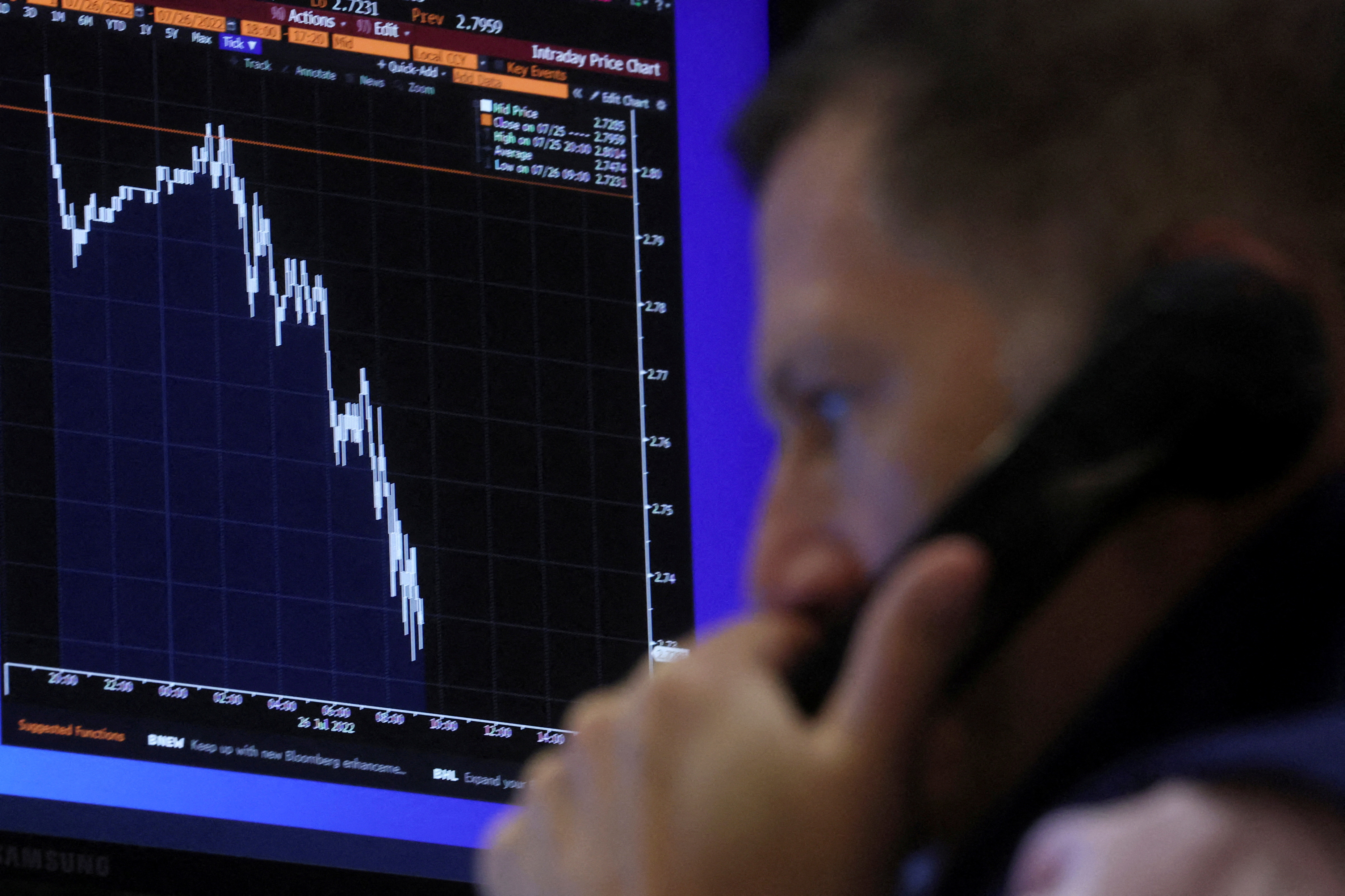 FILE PHOTO: A trader works on the floor of the New York Stock Exchange (NYSE) in New York City, U.S., July 26, 2022. REUTERS/Brendan McDermid/File Photo