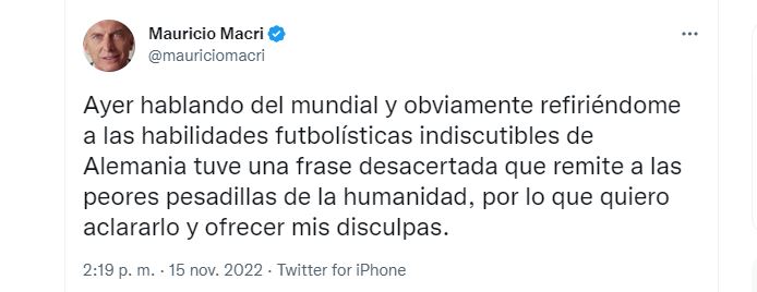 Mauricio Macri explicó en sus redes sociales su frase sobre los alemanes y el Mundial