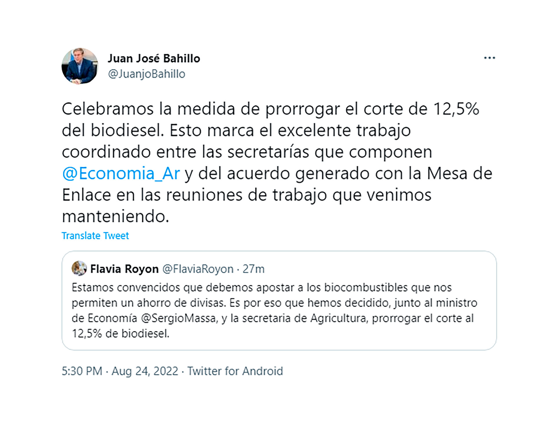 Mensajes de Flavia Royon y Juan José Bahillo en las redes sociales, luego de la reunión en Coninagro. 