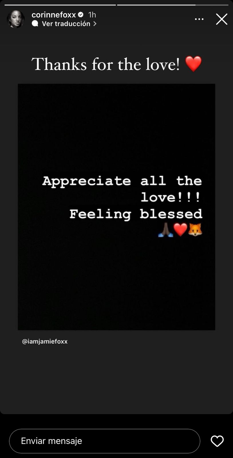 Corinne Foxx replicó el mensaje de su padre, y agradeció a sus seguidores el amor que han expresado por la salud de su padre. @corinnefoxx/Instagram