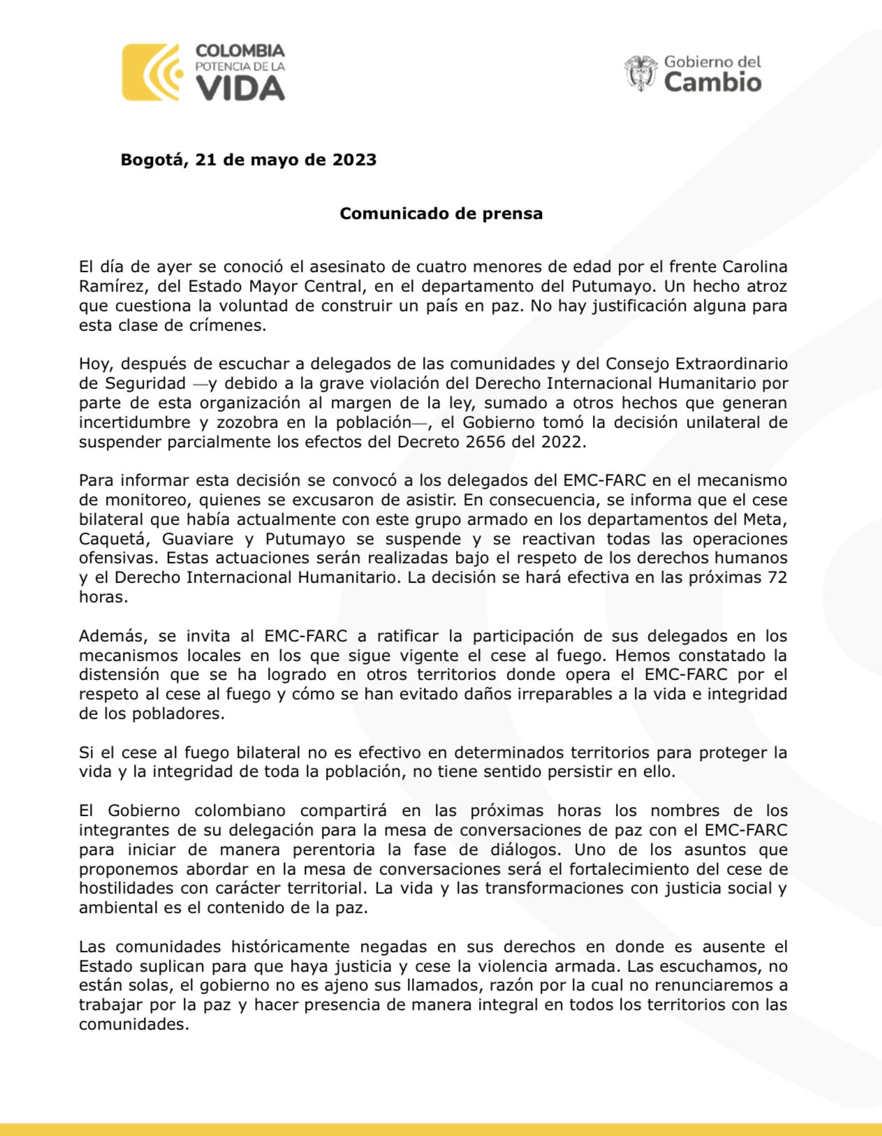 Comunicado del Gobierno nacional en el que anuncia suspensión parcial del cese al fuego con el EMC Farc