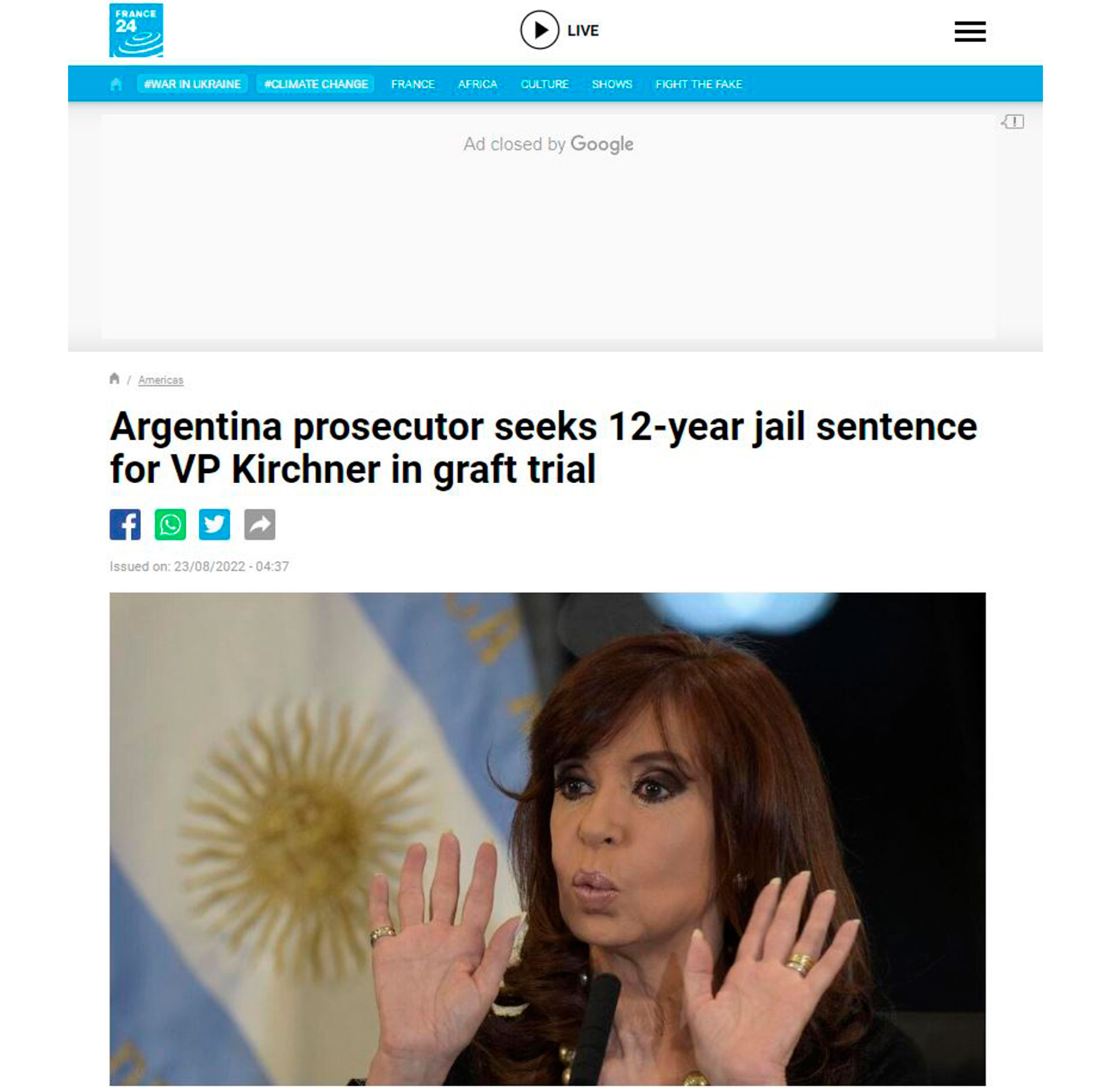 "Argentina: Fiscalía pide 12 años de prisión para la vicepresidenta Fernández por presunta corrupción". France 24 (Francia). 