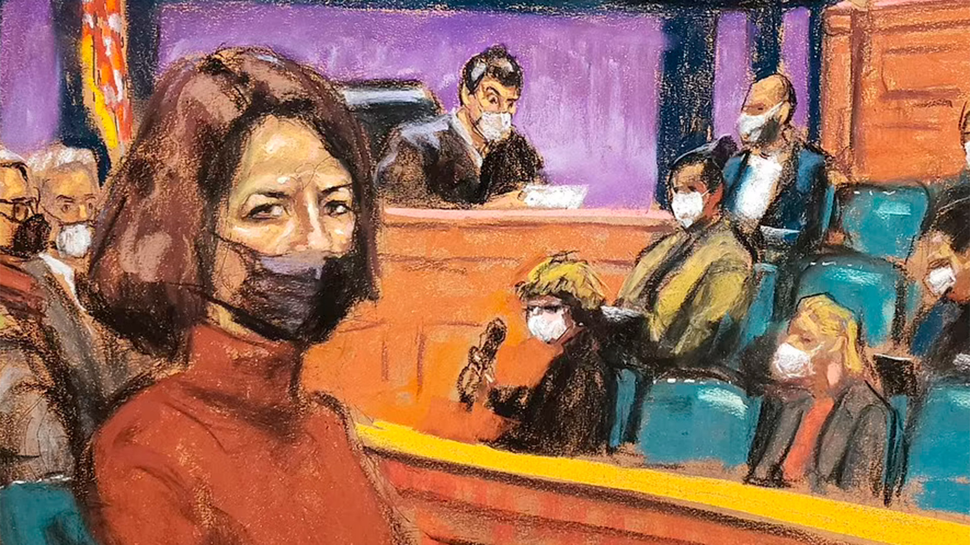 La asociada de Jeffrey Epstein, Ghislaine Maxwell, se sienta mientras se lee el veredicto de culpabilidad en su juicio por abuso sexual en un boceto en la sala de un tribunal en la ciudad de Nueva York, EE. UU., 29 de diciembre de 2021. REUTERS/Jane Rosenberg/File Photo