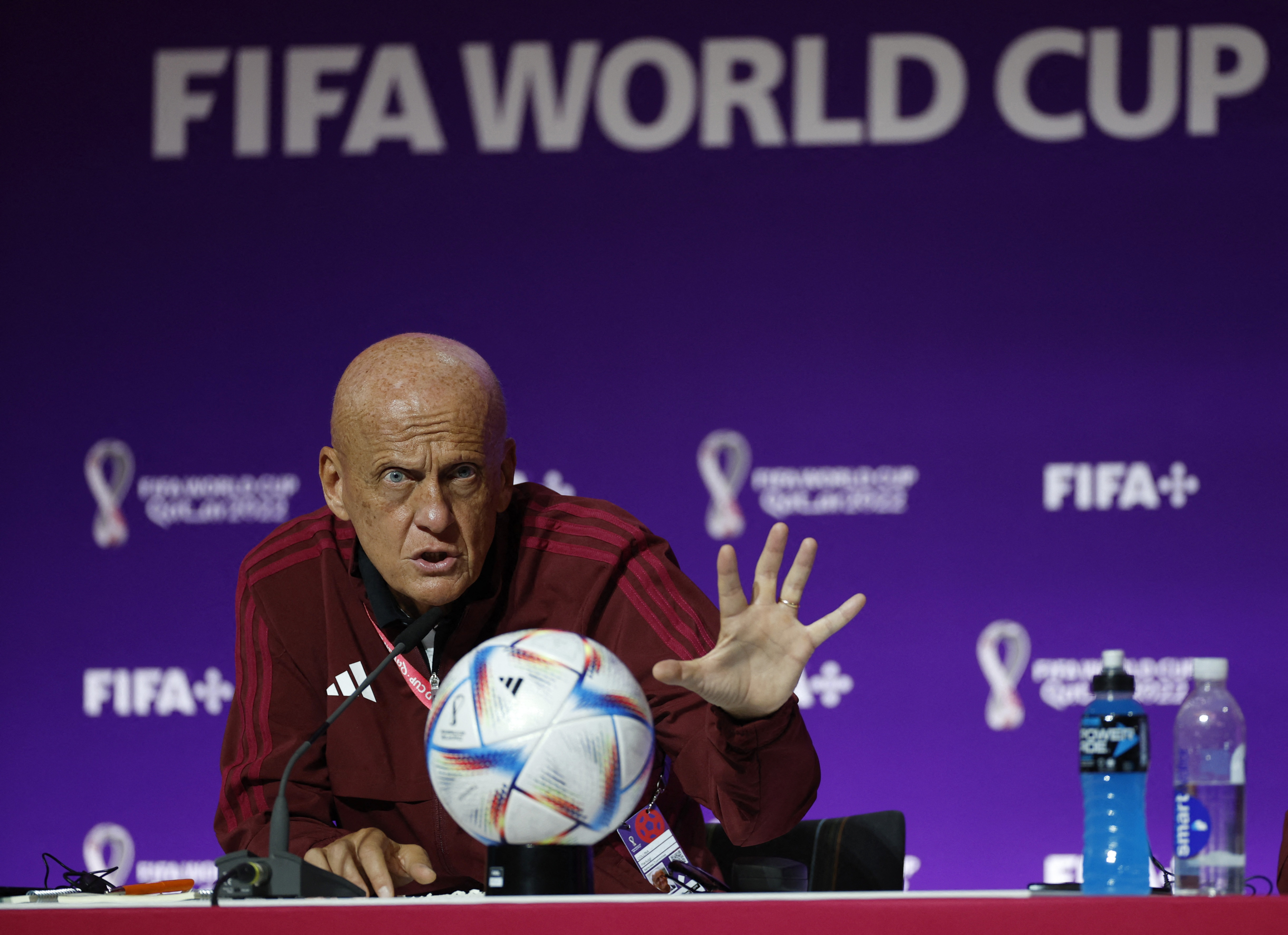 Soccer Football - FIFA World Cup Qatar 2022 - Referees Media Briefing - Main Media Center, Doha, Qatar - November 18, 2022 Chairman of the FIFA referees committee, Pierluigi Collina during the briefing REUTERS/John Sibley