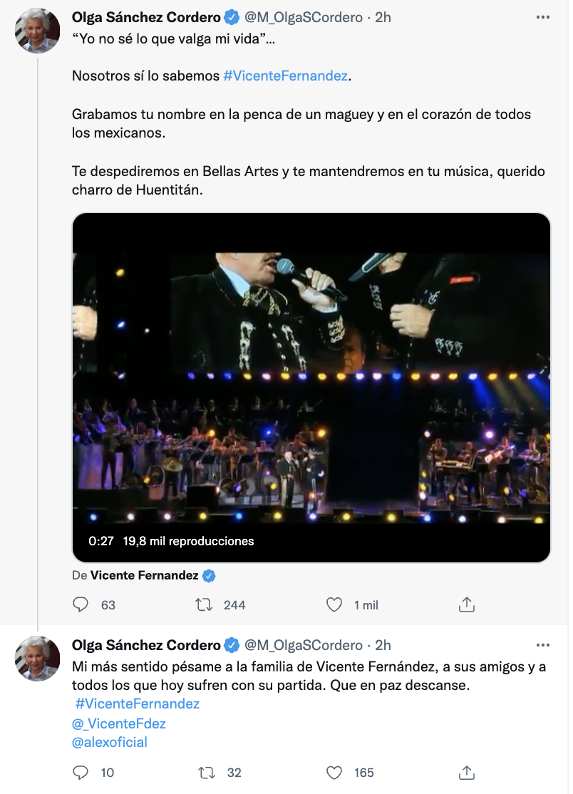 La senadora Sánchez Cordero comunicó sus condolencias a la familia del cantante, así como a todos aquellos que “sufren con su partida” (Foto: Twitter@M_OlgaSCordero)