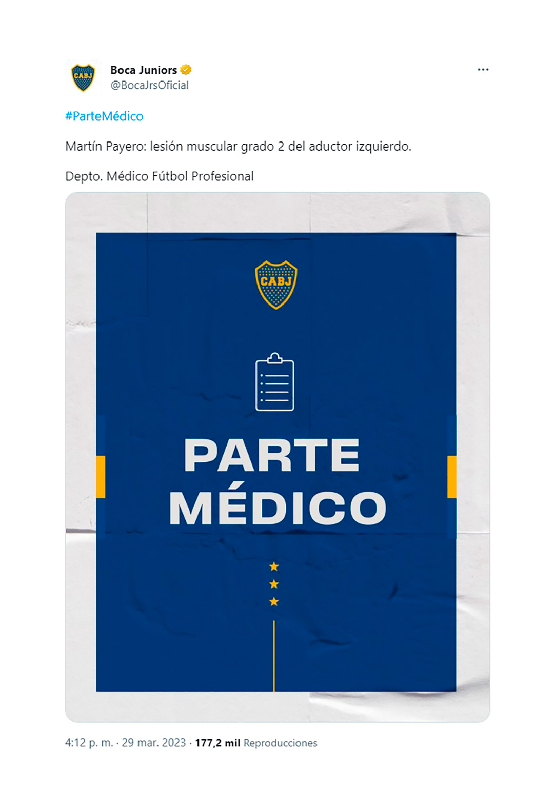 Parte médico de Martín Payero (@BocaJrsOficial)