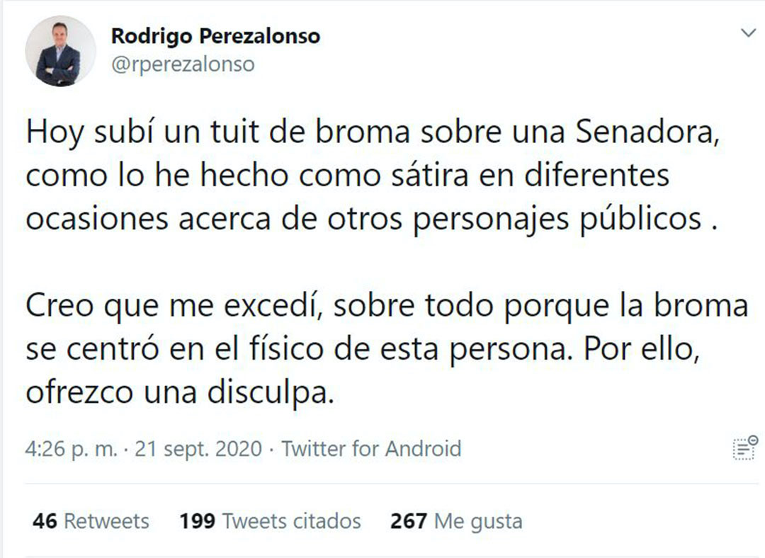 Perezalonso se disculpó por sus comentarios sobre el aspecto físico de Hernández (Foto: Twitter/@rperezalonso)