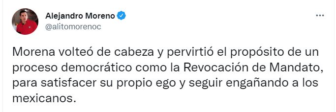 Alejandro Moreno, presidente del PRI: "Morena pervirtió el propósito de la consulta de Revocación de Mandato" (Foto: Twitter/alitomorenoc)