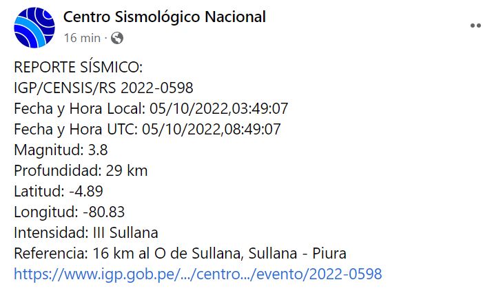 Temblor de 3.8 se registró en Sullana este miércoles 5 de octubre.