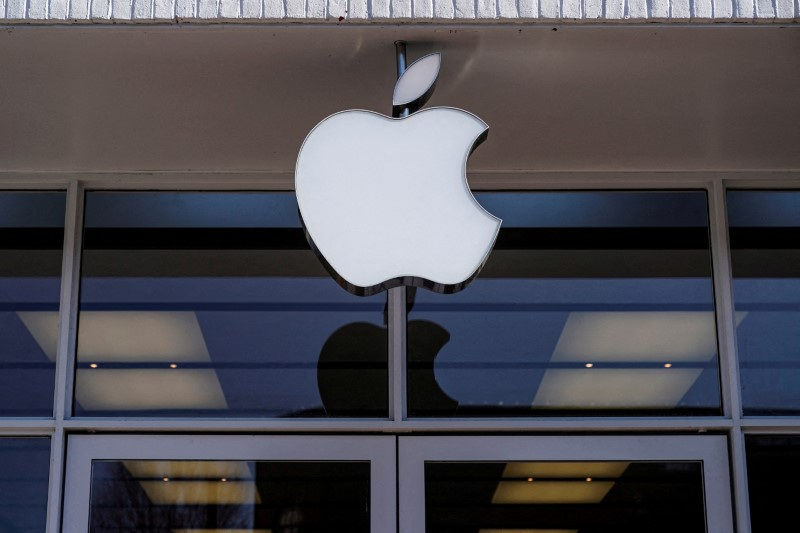 FILE PHOTO: Logo of an Apple store is seen as Apple Inc. reports fourth quarter earnings in Washington, U.S., January 27, 2022. REUTERS/Joshua Roberts