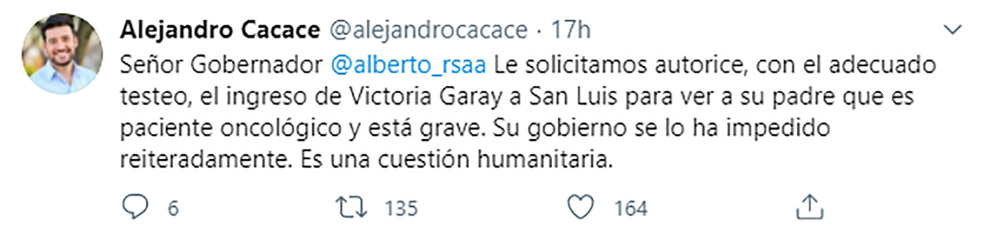 Tuit del diputado nacional por San Luis, Alejandro Cacace, para pedir por el caso de Victoria