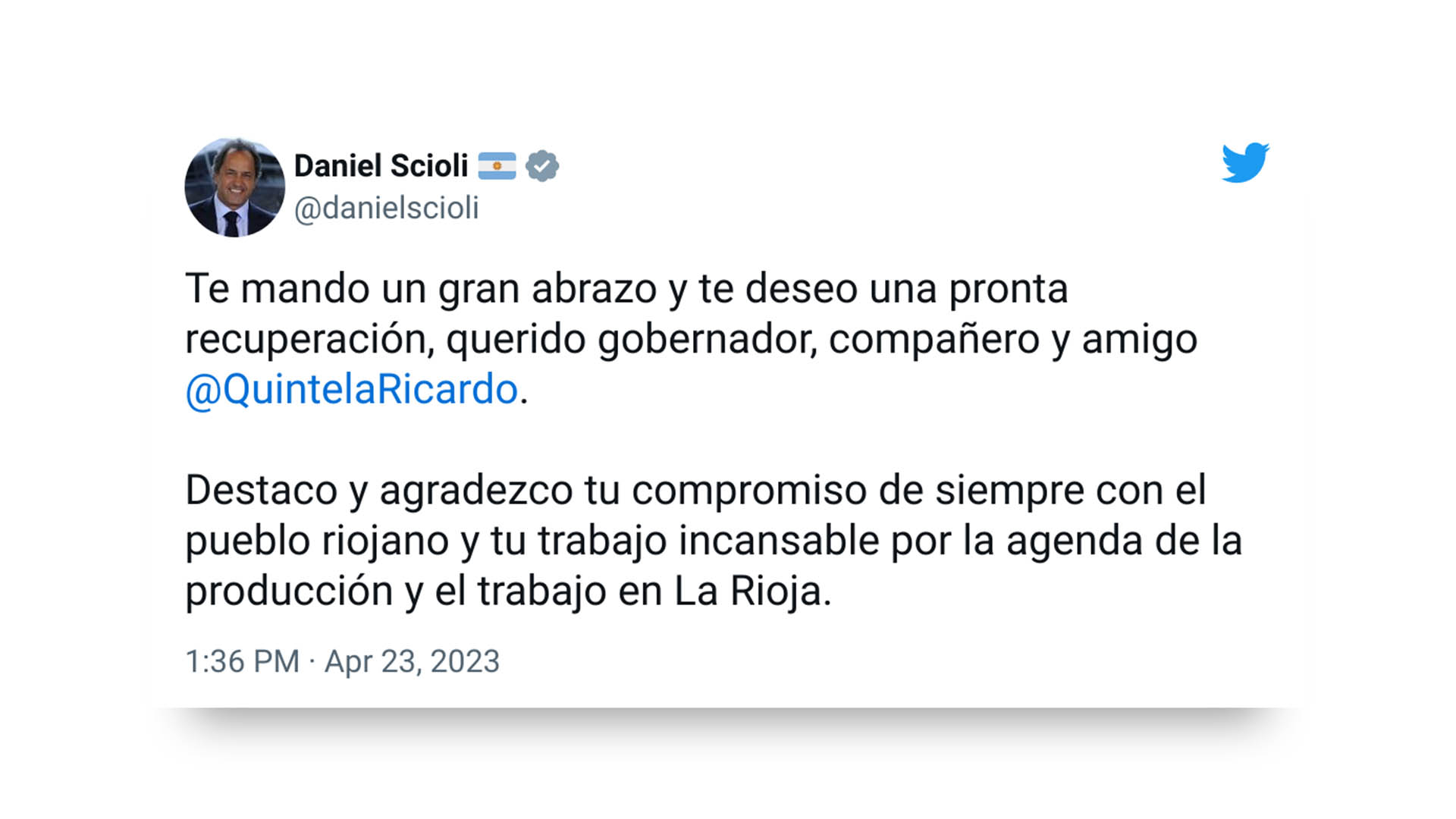 Tuit del Embajador en Brasil, Daniel Scioli