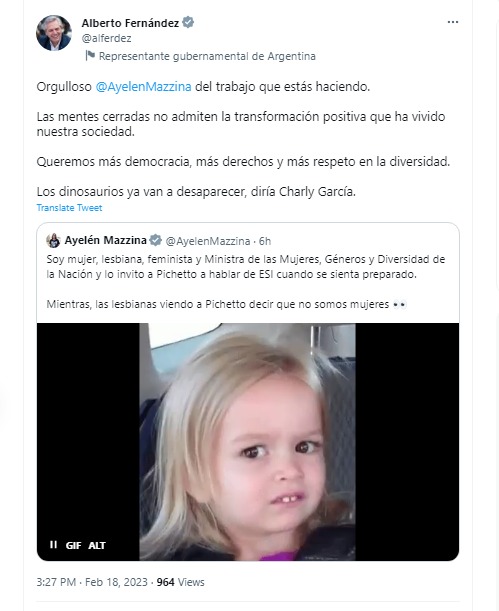 Tuit de Alberto Fernández en apoyo a Ayelén Mazzina