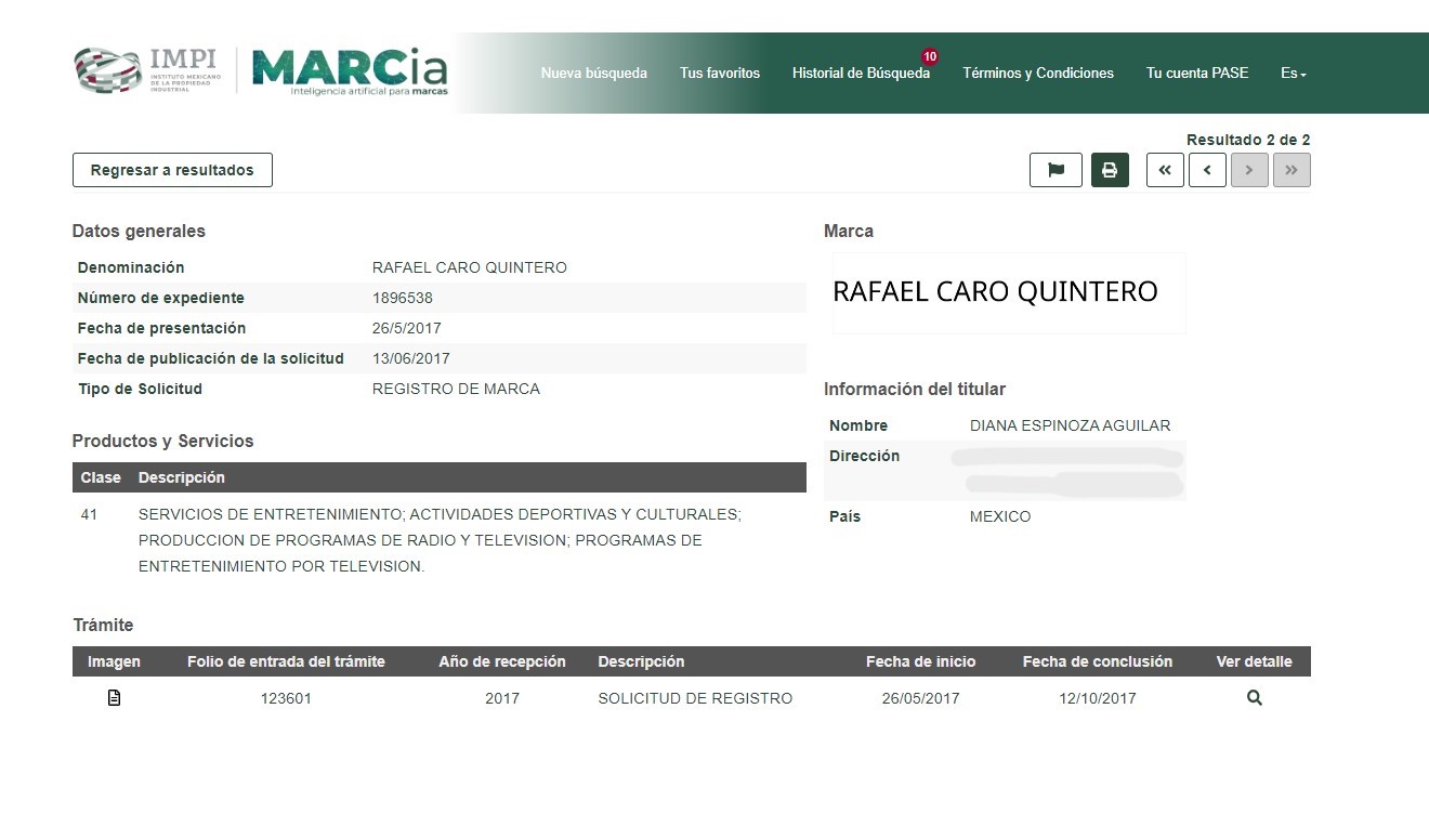 Las solicitudes para convertir el nombre del cofundador del Cártel de Guadalajara en marca se encuentran aún "en trámite" (Captura de pantalla)
