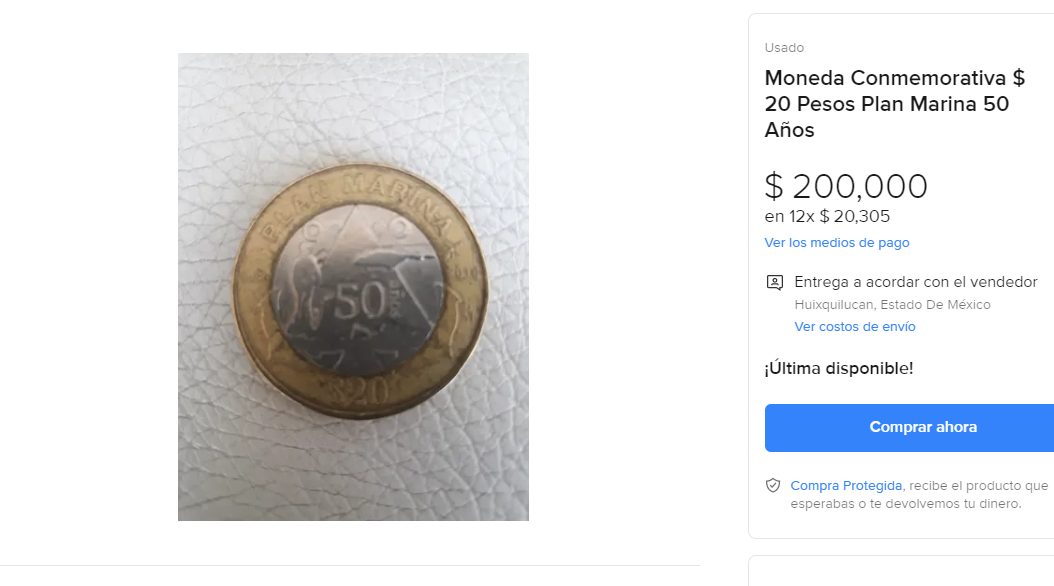 Moneda 50 Aniversario Plan Marina se ofrece por internet a un precio exorbitante. (Foto: Mercado Libre)