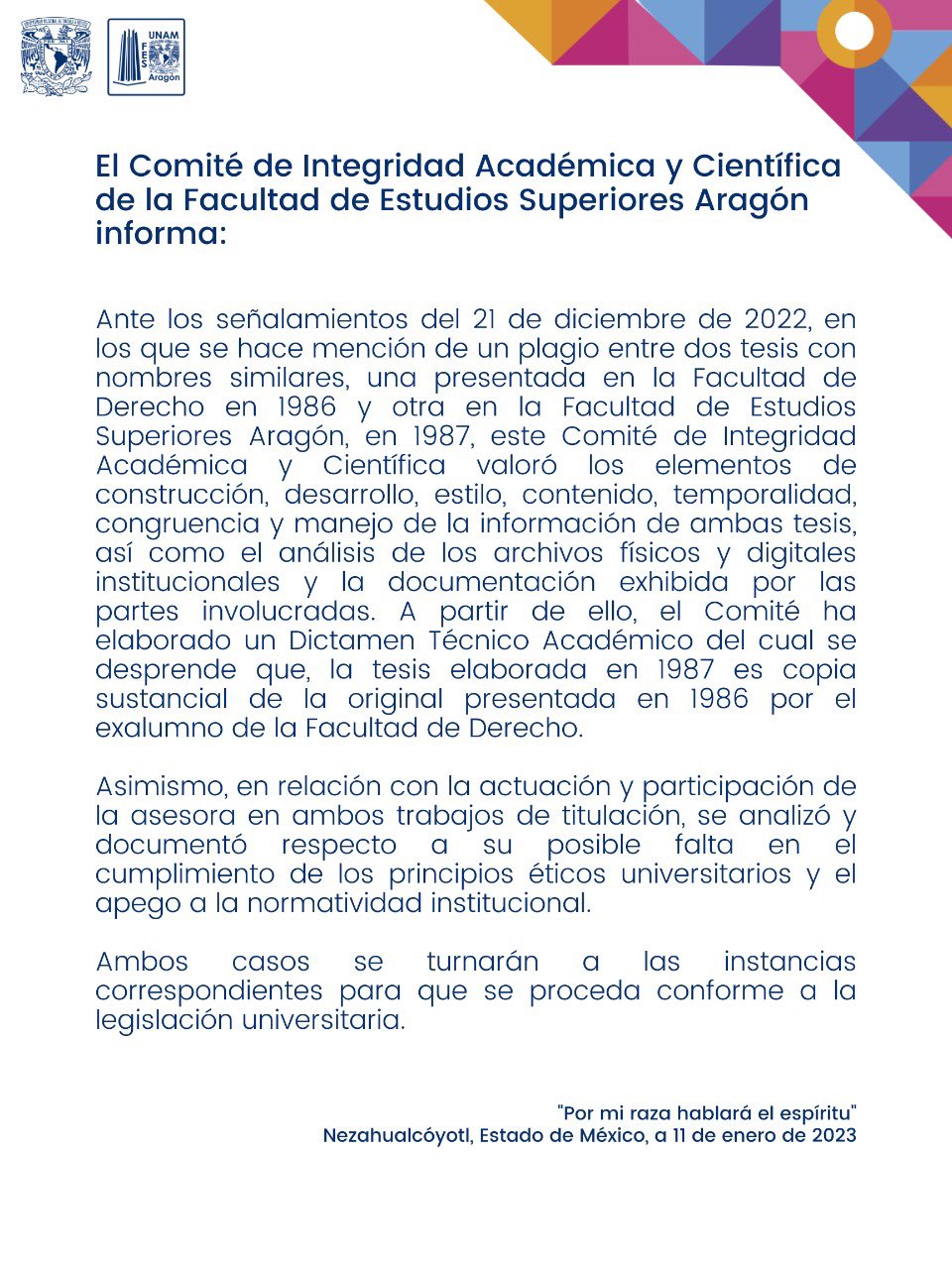 Este fue el comunicado de la FES Aragón del 11 de enero, el comité determinó que la tesis de Yasmín Esquivel es una copia sustancial (FES Aragón)