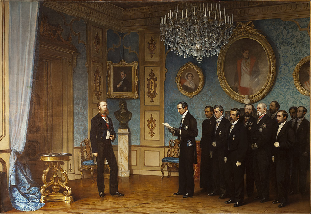 La comisión mexicana que invita a Maximiliano de Habsburgo a ocupar el trono de México en Miramar por Cesare Dell'Acqua (1867). Wikipedia.