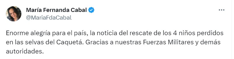 María Fernanda Cabal agradeció al Ejército por encontrar a los niños