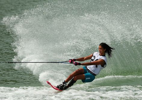 PHUKET, THAILAND - NOVEMBER 22:  Sasha Siew Christian of Singapore competes in the Semi Final of the Women's Team Slalom Water Ski during the 2014 Asian Beach Games at Bangneow Dam on November 22, 2014 in Phuket, Thailand.  (Photo by Quinn Rooney/Getty Images)