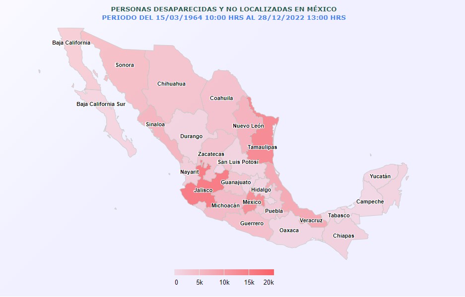 Mapa de personas desaparecidas en México por estado de 1964 a 2022. Foto: Segob