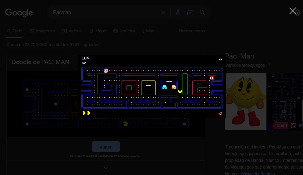 Jugar Pacman en el buscador de Google. (Captura)