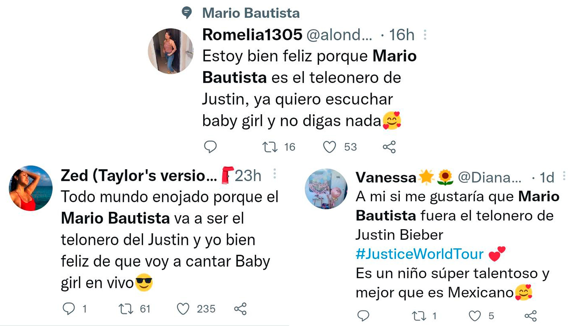 The opinions of Internet users on Twitter about Mario Bautista and Justin Bieber.  Photo: Twitter
