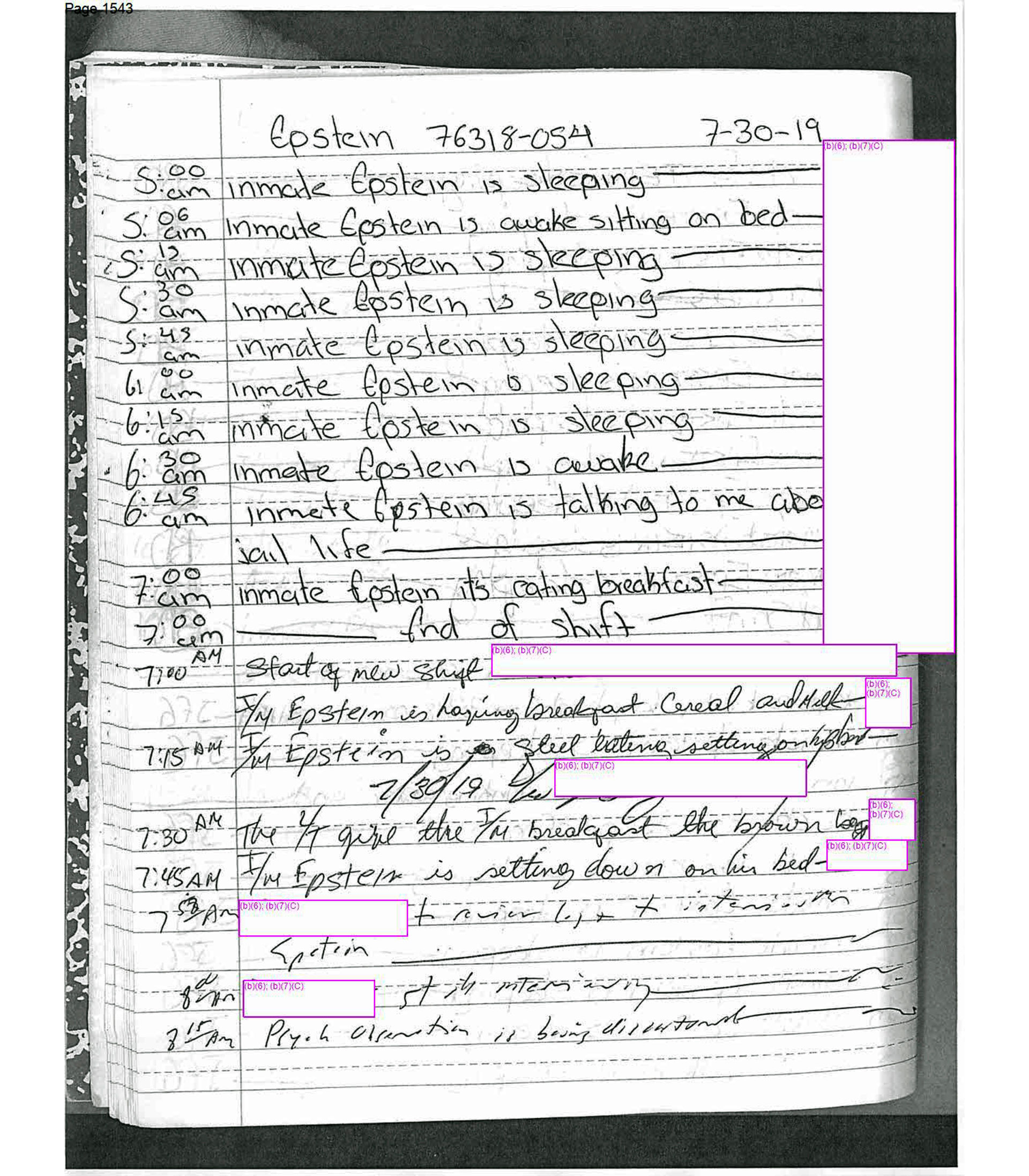 Esta imagen muestra una página de los miles de documentos que Associated Press obtuvo el jueves relacionados con el suicidio en la cárcel de Jeffrey Epstein de la Oficina Federal de Prisiones en virtud de la Ley de Libertad de Información