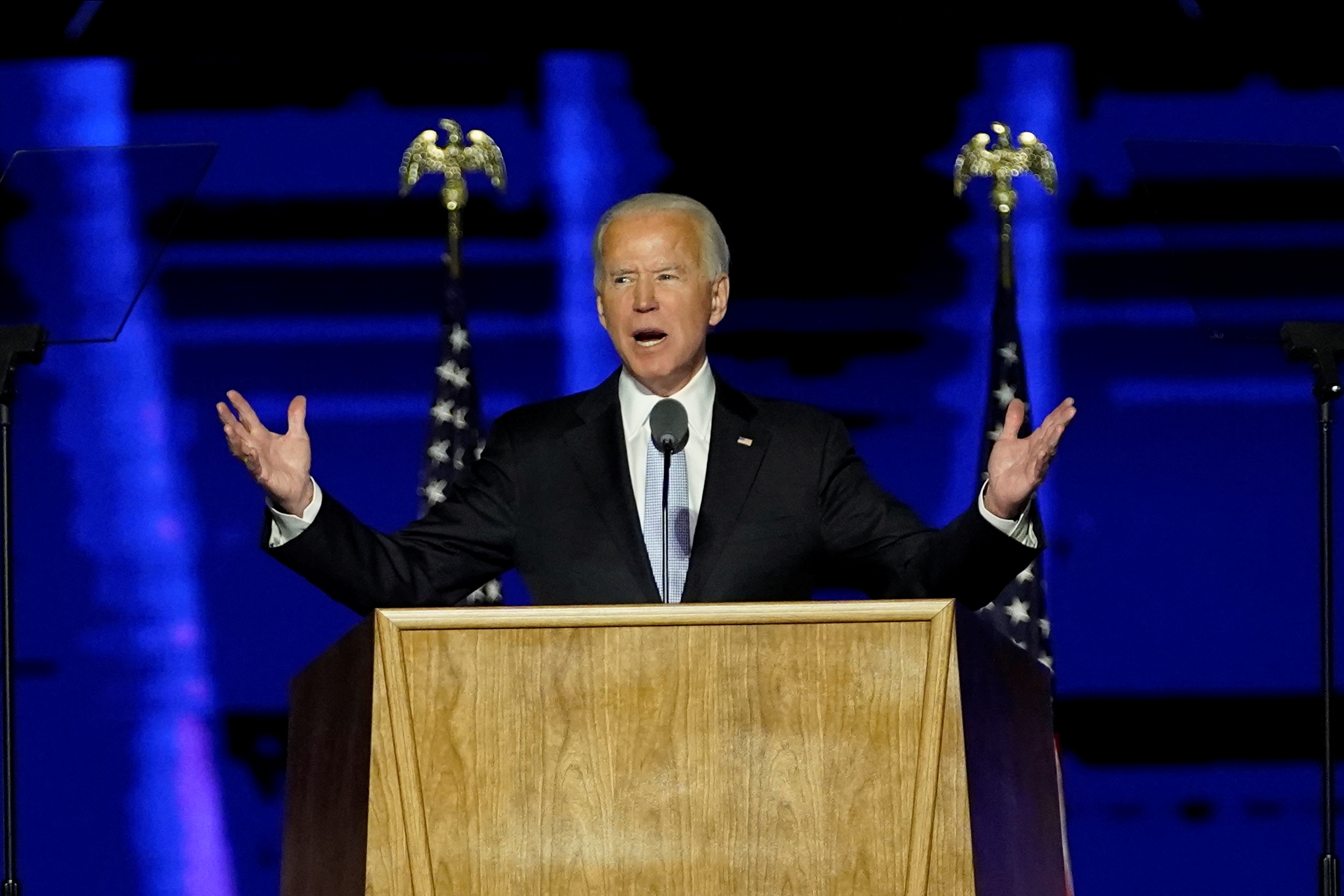 Joe Biden en su mitin electoral en Wilmington, Delaware, este 7 de noviembre de 2020 (Andrew Harnik/Pool via REUTERS)