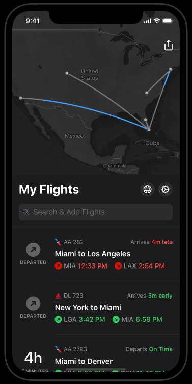 La aplicación Flighty de Apple mantiene a los usuarios actualizados sobre el estado de su vuelo incluso cuando el dispositivo está en modo avión.  (Voluble)