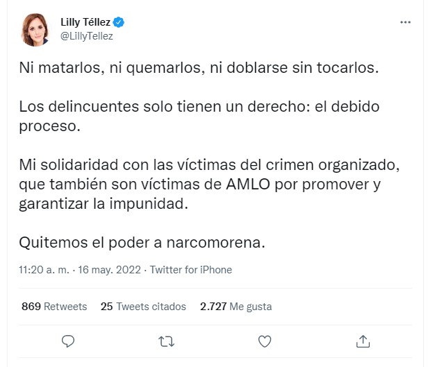 La militante del PAN recriminó la postura de AMLO sobre la protección a los delincuentes e invitó a quitarle el poder a Morena (Foto: Twitter@LillyTellez)