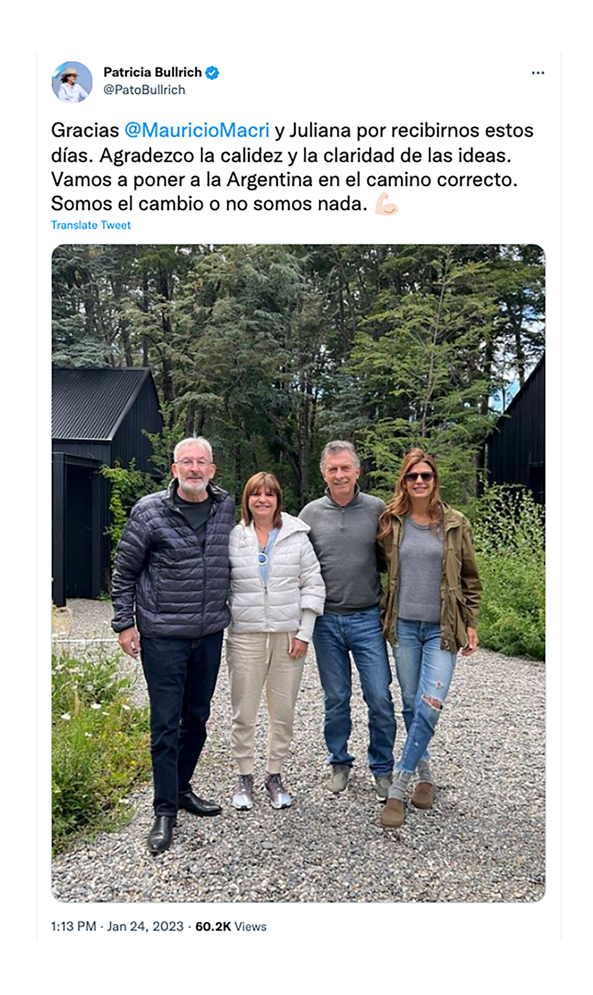 El tuit de Patricia Bullrich para agradecerle a Mauricio Macri haberla invitado al sur
