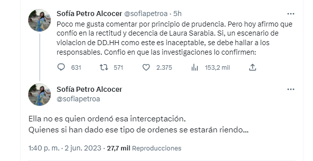 La hija del presidente trinó sobre el escándalo que protagoniza Laura Sarabia. Twitter.