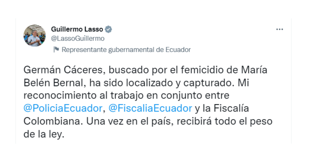 Ecuadorian President Guillermo Lasso celebrated the capture of Germán Cáceres on December 30 (Twitter/ @LassoGuillermo)