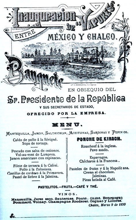 Menú de la inauguración de los vapores de México y Chalco en 1890 
(Foto: Especial)
