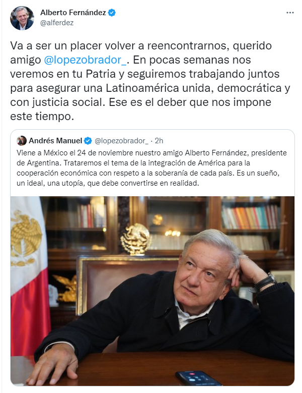 Alberto Fernandez bekrefter at han vil reise til Mexico for å møte Lopez Obrador (Twitter).