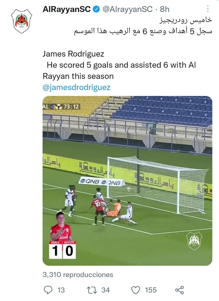 El futuro de James Rodríguez en el Al Rayyan. Tomado de @AlrayyanSC