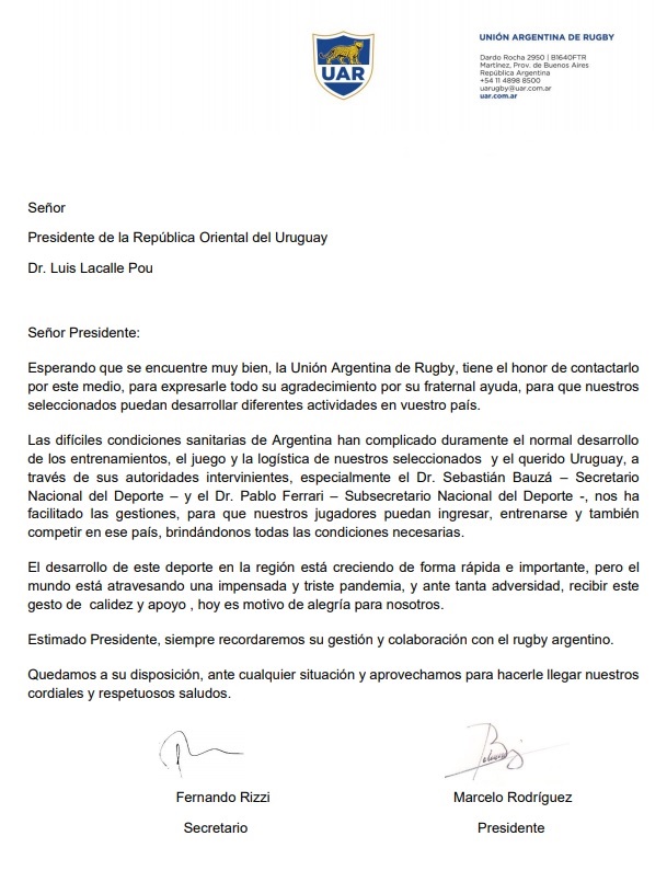 La carta de Los Pumas al presidente de Uruguay
